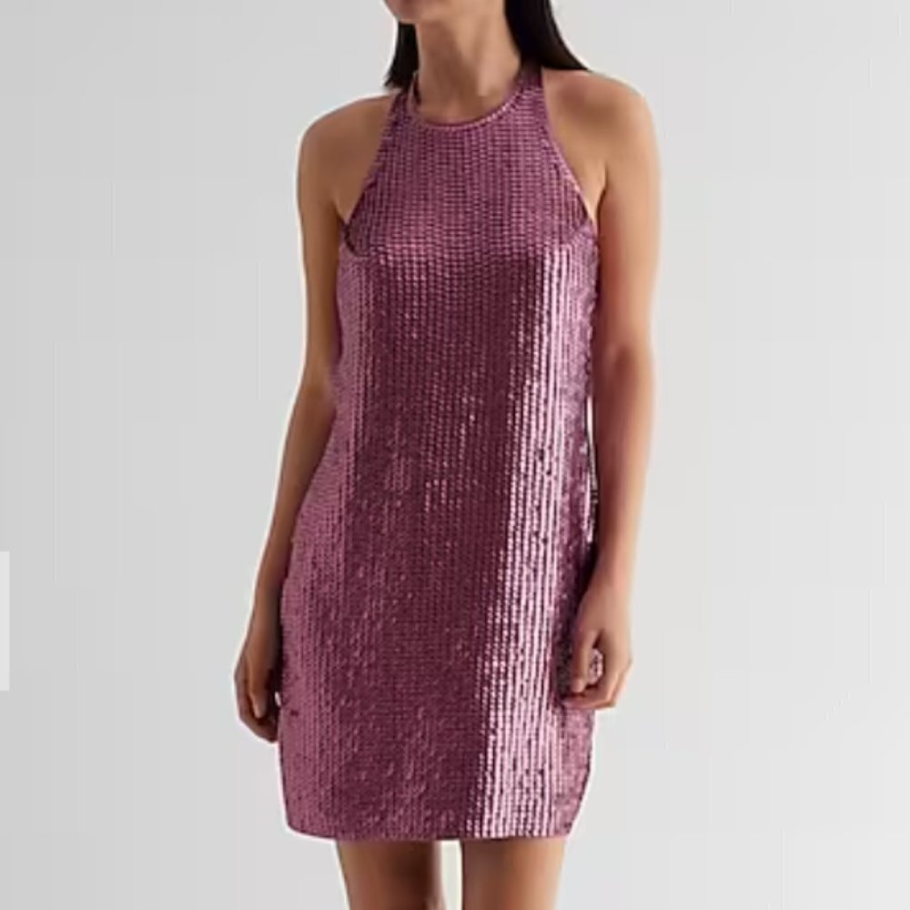 Express Sequin Halter Neck Open Back Mini Shift Dress